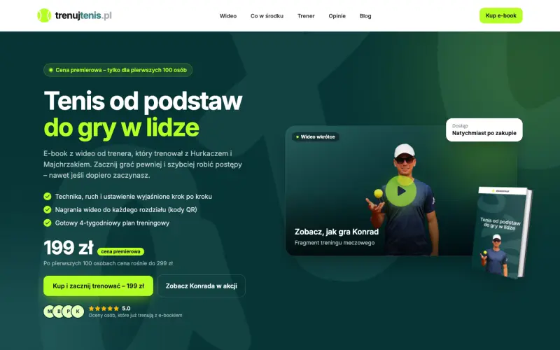 Strona sprzedażowa kursu tenisa online trenujtenis.pl